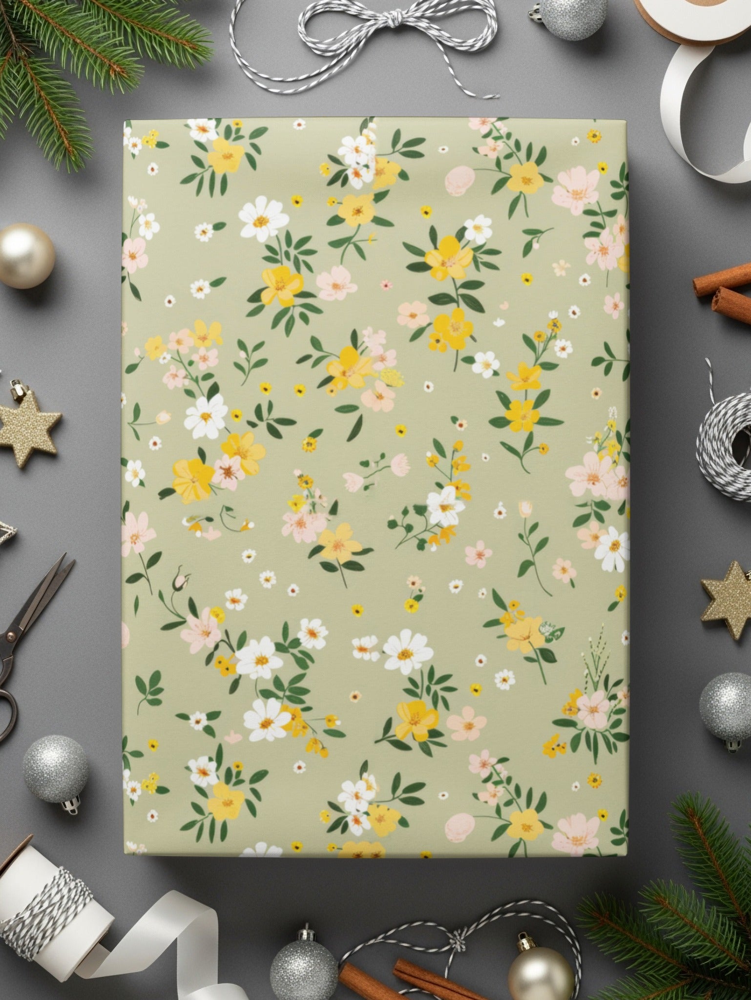 Sage Green Boho Wildflower Seamless Light Pink Yellow Sublimation Design
