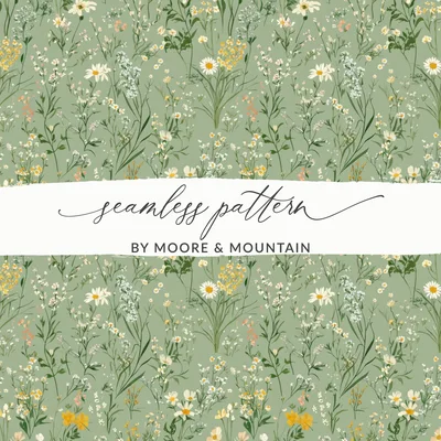 Sage Green Boho Wildflower Seamless, Spring Wildflowers Pattern, Vintage Wildflowers Digital Background, Seamless Wildflower Digital Product