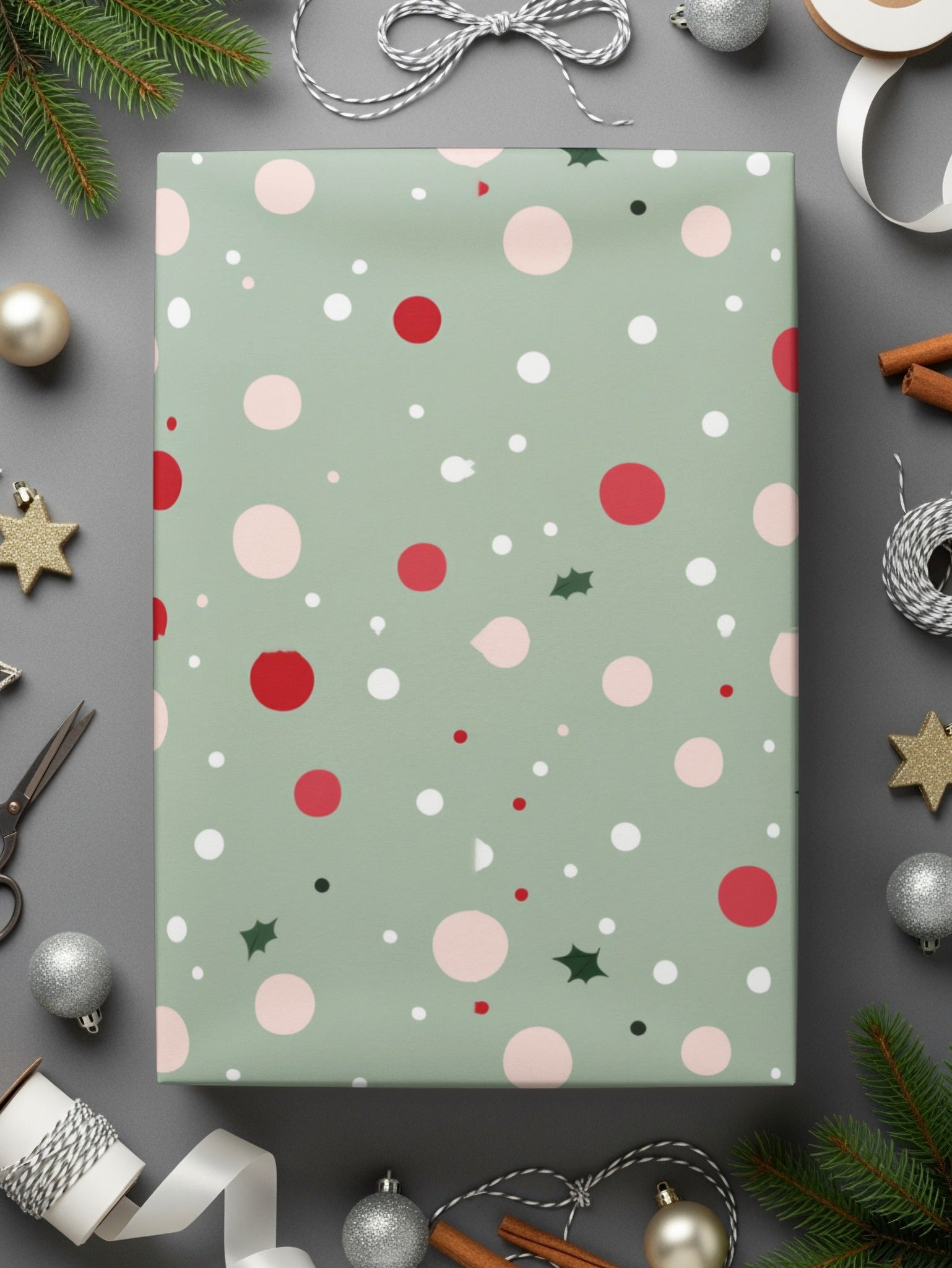 Sage Green Christmas Pink and Green Polka Dots Seamless Xmas Background