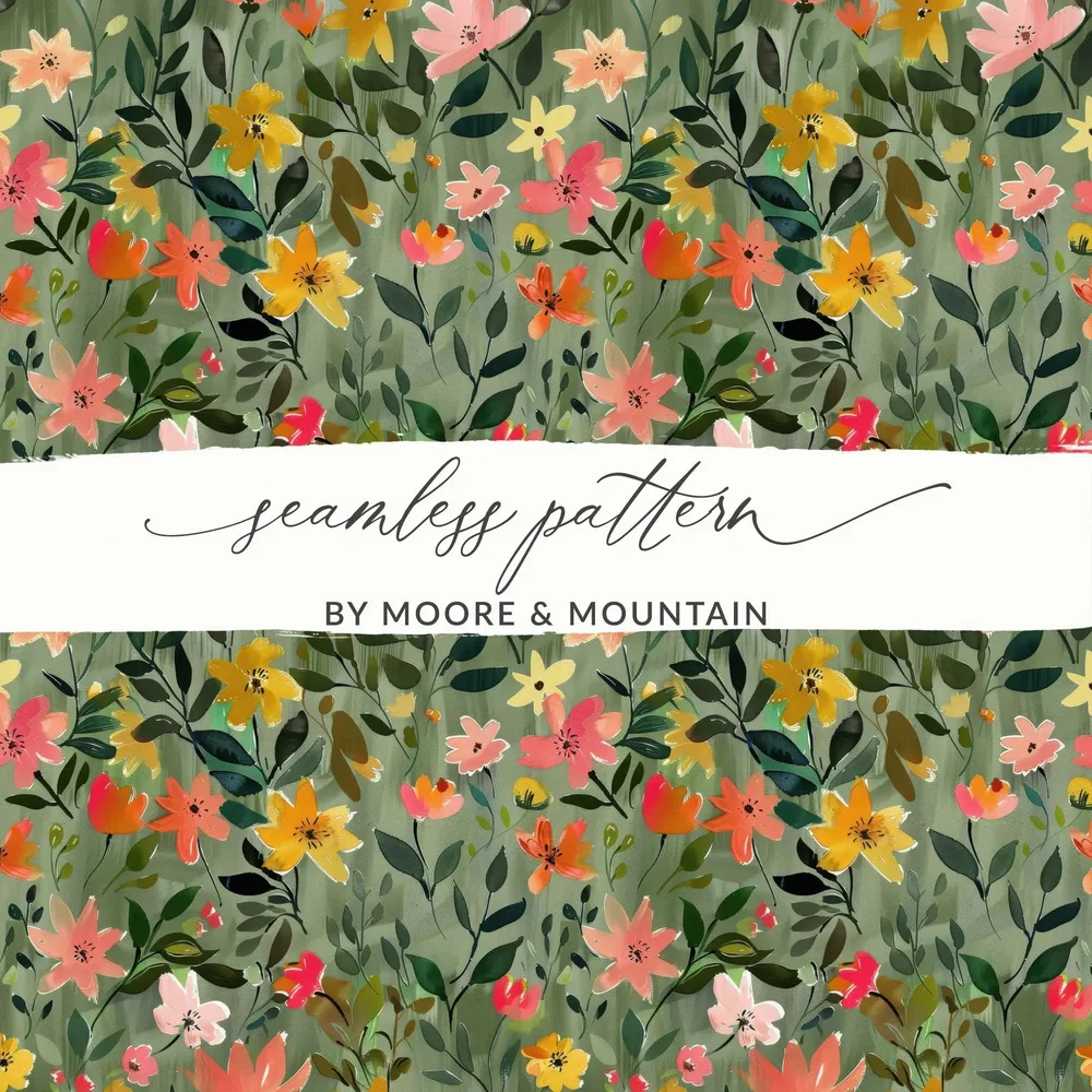 Sage Green Floral Digital Pattern, Seamless Flower Design, Green Background, Modern Gouache Floral Abstract Design