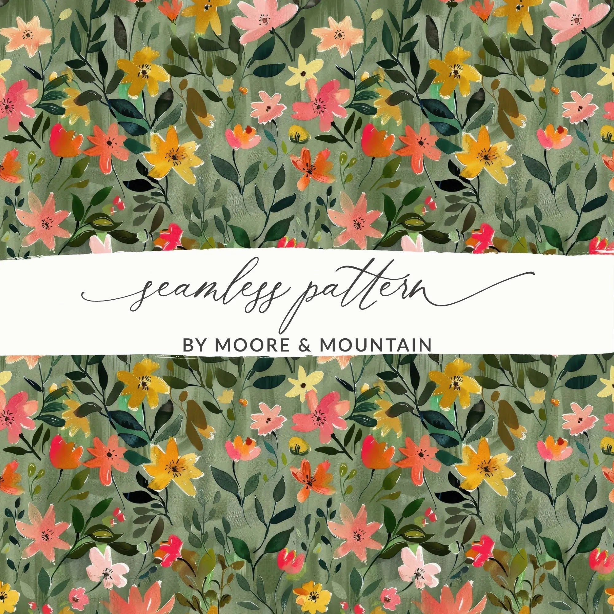 Sage Green Floral Digital Pattern, Seamless Flower Design, Green Background, Modern Gouache Floral Abstract Design