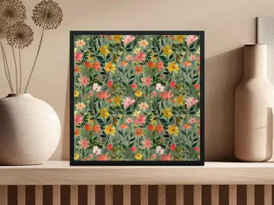 Sage Green Floral Digital Pattern, Seamless Flower Design, Green Background, Modern Gouache Floral Abstract Design