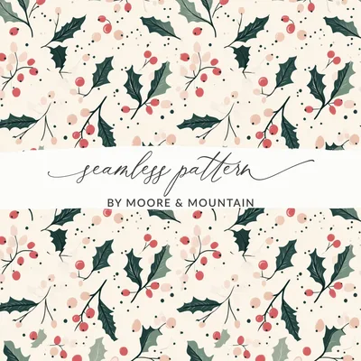 Sage Green Holly Branches and Berries Christmas Pink and Green Seamless Digital