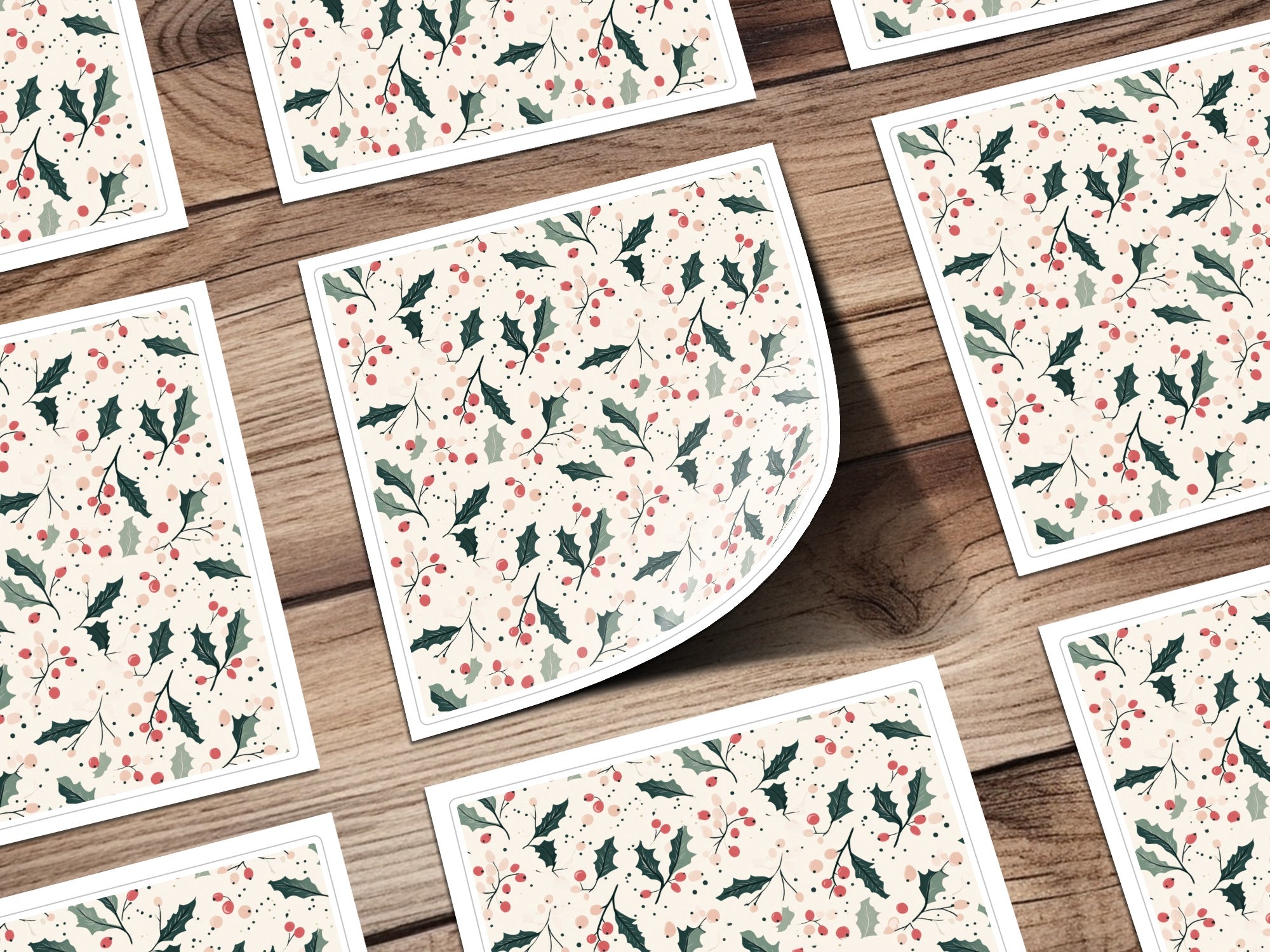 Sage Green Holly Branches and Berries Christmas Pink and Green Seamless Digital