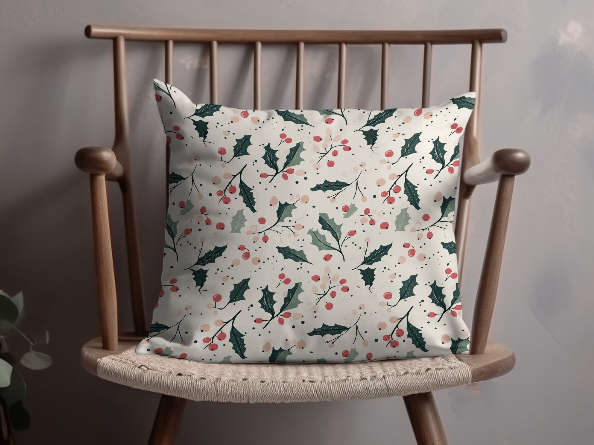 Sage Green Holly Branches and Berries Christmas Pink and Green Seamless Digital
