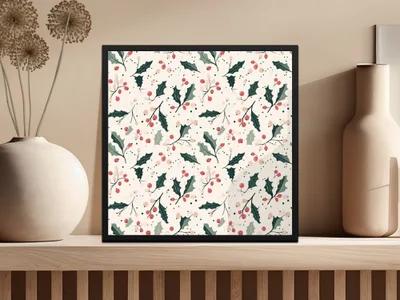Sage Green Holly Branches and Berries Christmas Pink and Green Seamless Digital
