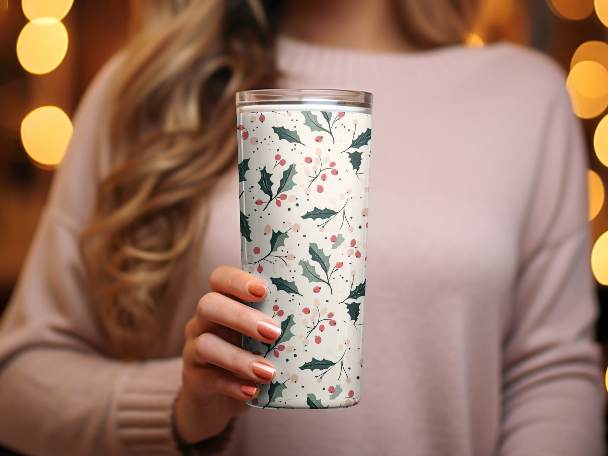 Sage Green Holly Branches and Berries Christmas Pink and Green Seamless Digital
