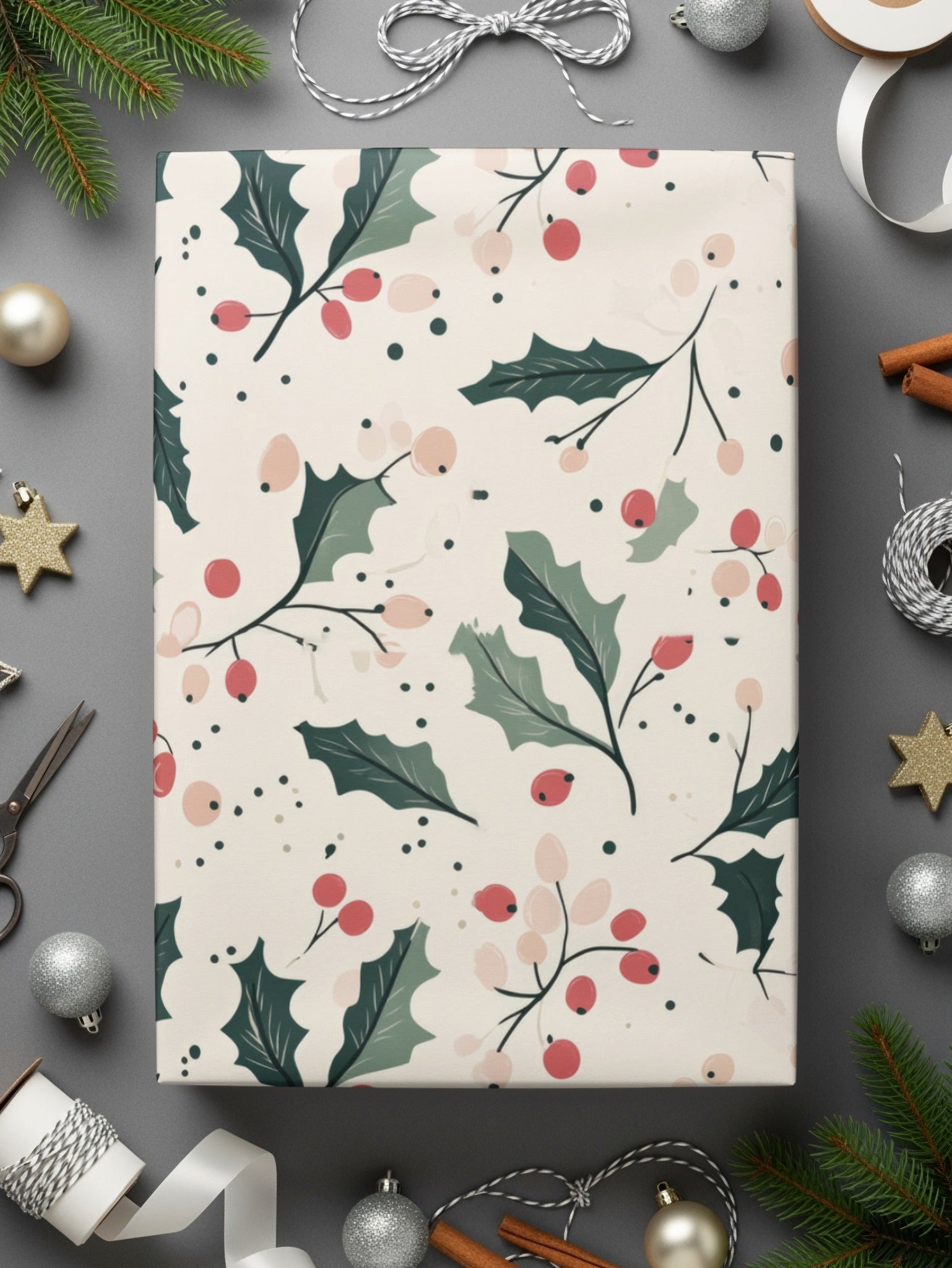Sage Green Holly Branches and Berries Christmas Pink and Green Seamless Digital