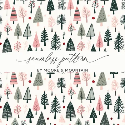 Sage Green Pink Christmas Forest Seamless Pattern for Commercial Use