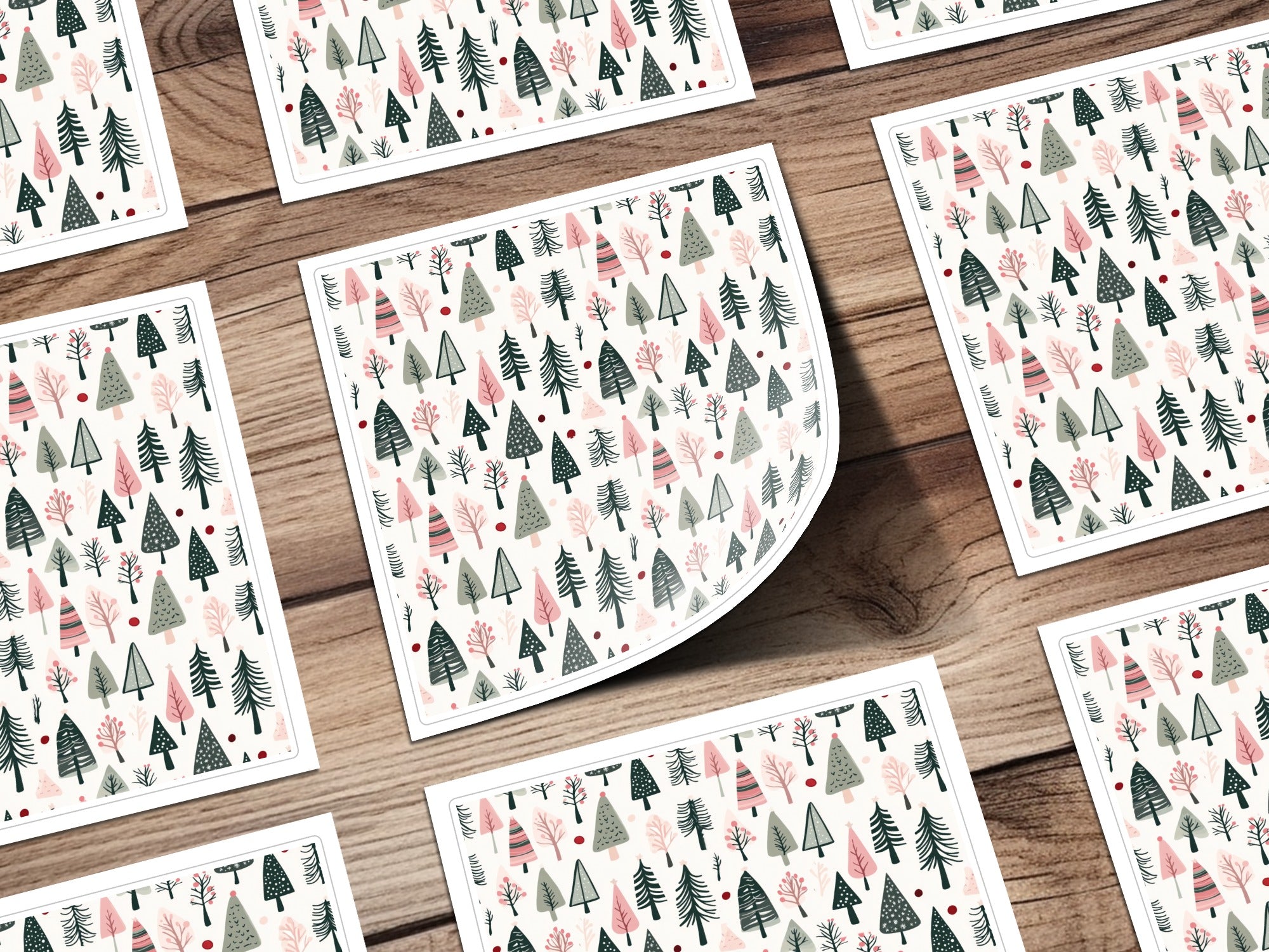 Sage Green Pink Christmas Forest Seamless Pattern for Commercial Use