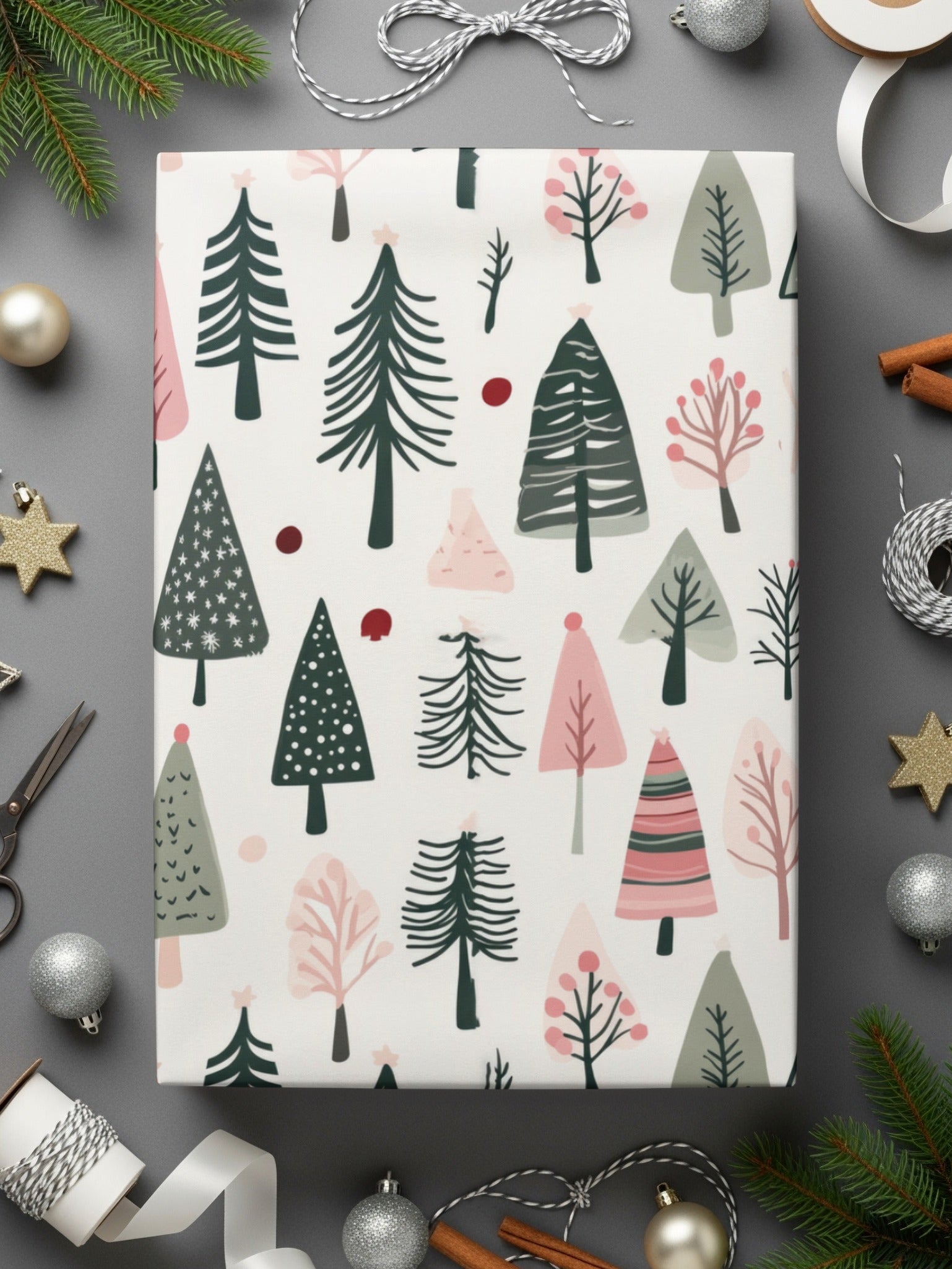 Sage Green Pink Christmas Forest Seamless Pattern for Commercial Use