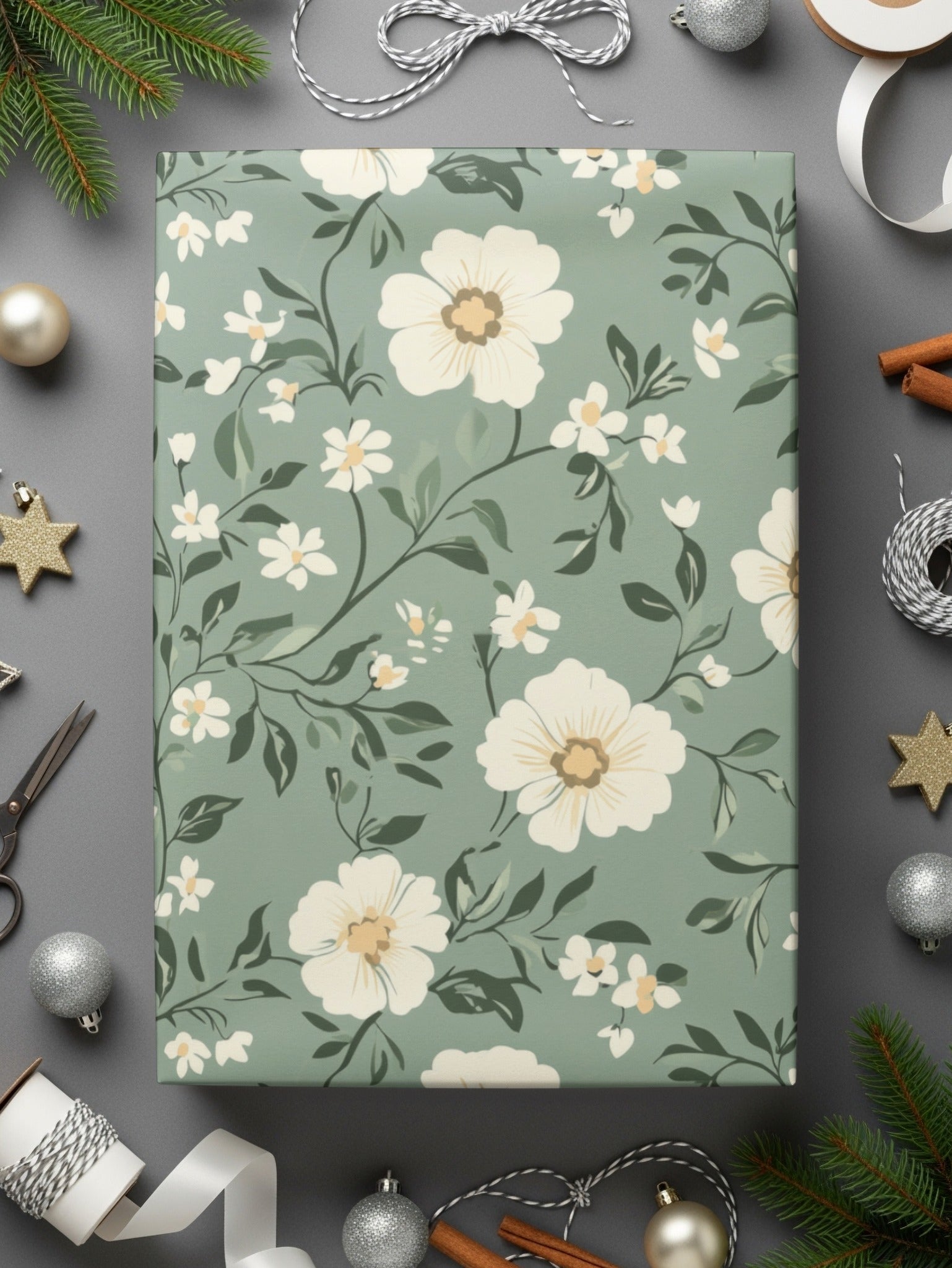Sage Green Seamless Floral Design with Green Backdrop Digital