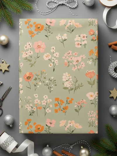 Sage Green Seamless Boho Spring Flower Sprigs Vintage Pattern Digital