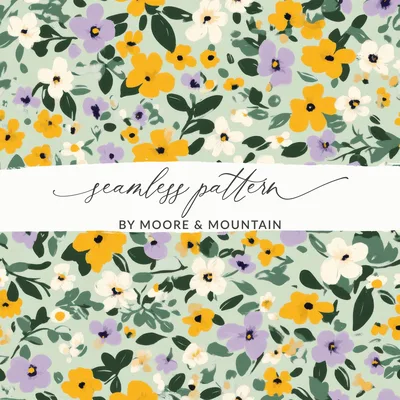 Sage Green Spring Ditsy Floral with Yellow Purple Flowers Garden Digital