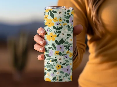 Sage Green Spring Ditsy Floral with Yellow Purple Flowers Garden Digital