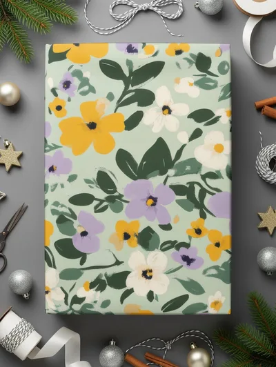Sage Green Spring Ditsy Floral with Yellow Purple Flowers Garden Digital