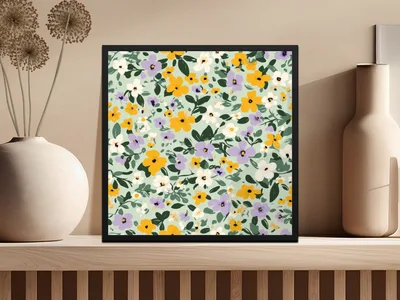 Sage Green Spring Ditsy Floral with Yellow Purple Flowers Garden Digital