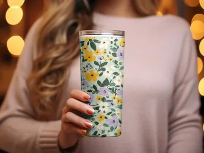 Sage Green Spring Ditsy Floral with Yellow Purple Flowers Garden Digital