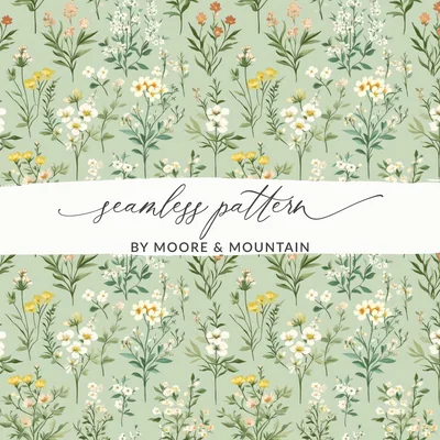 Sage Green Spring Wildflowers Pattern, Boho Wildflower Seamless, Vintage Wildflowers Digital Background, Seamless Wildflower Field Digital