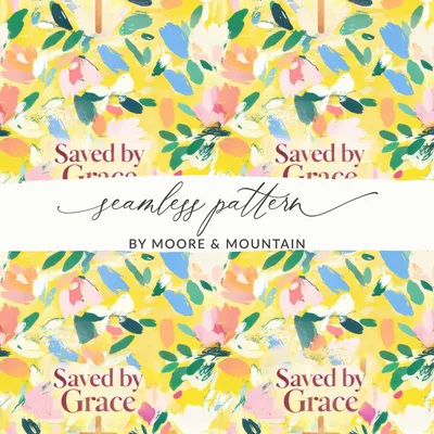Saved by Grace Floral Digital Paper, Christian Seamless Pattern, Religious Fabric Design, Watercolor Flowers, Church Print, Yellow