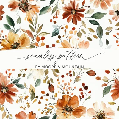 Seamless Autumn, Fall Seamless Allover Pattern Download, Watercolor Floral Sublimation Design, Rust Colored Flowers, For Commercial Use