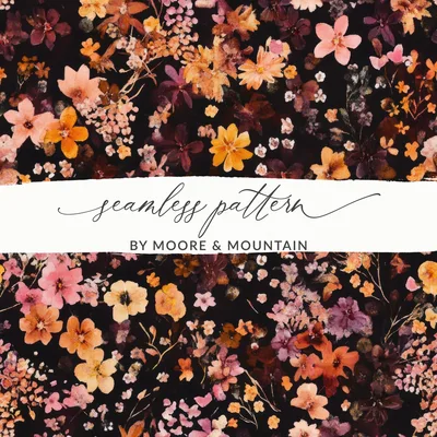 Seamless Autumn Wildflower Field, Dark Modern Fall Sublimation Design, Rust Colored Floral Allover Pattern Download, For Commercial Use
