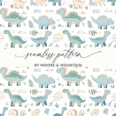 Seamless Baby Boy Fabric Pattern, Baby Boy Seamless Design, Cute Dinosaur Digital Paper, Brave Dino Seamless Pattern, Watercolor Dinosaur