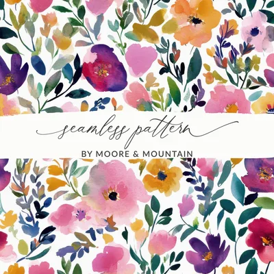 Seamless Floral Field Watercolor Pattern, Spring Colors Seamless Design for Commercial Use Floral JPEG