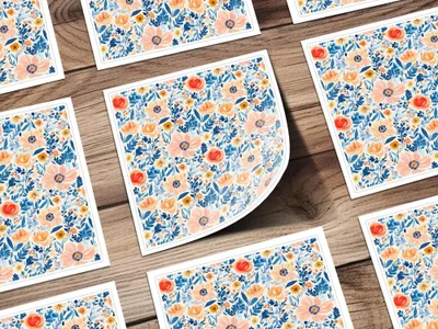 Seamless Ditsy Floral Pattern Digital Paper, Peach, Blue, Botanical, Commercial Use, Print on Demand, 12x12 Inch JPEG