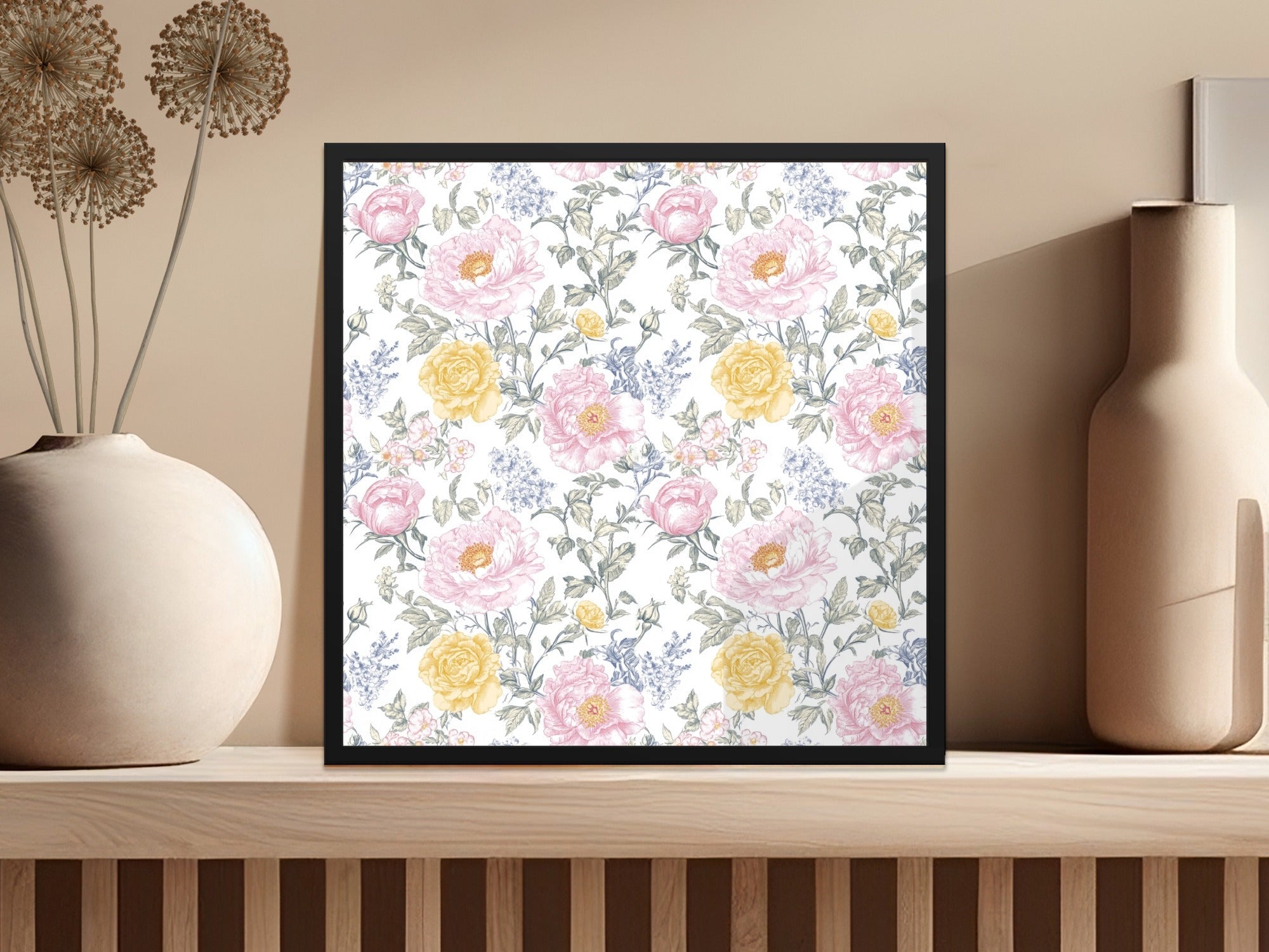 Seamless Floral Pattern, Pink Peony, Yellow Rose, Digital Paper, Repeating Background, Flower Print, Fabric Design, Digital Product