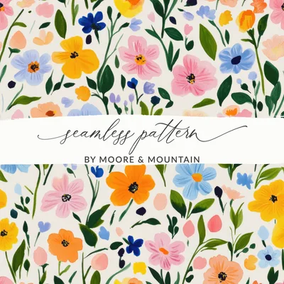 Seamless Flower Field, Painted Acrylic Spring Flower Pattern, Blush Pink, Yellow, Light Blue Wildflowers Digital Product
