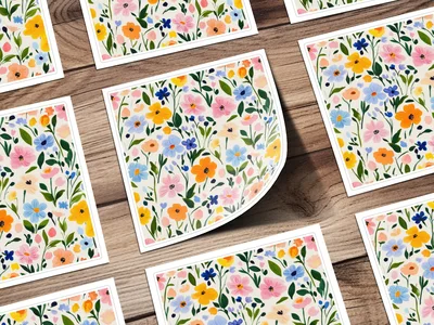 Seamless Flower Field, Painted Acrylic Spring Flower Pattern, Blush Pink, Yellow, Light Blue Wildflowers Digital Product