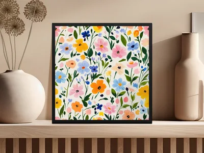 Seamless Flower Field, Painted Acrylic Spring Flower Pattern, Blush Pink, Yellow, Light Blue Wildflowers Digital Product
