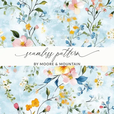 Seamless Grandmillenial Blue Floral Watercolor Design Digital