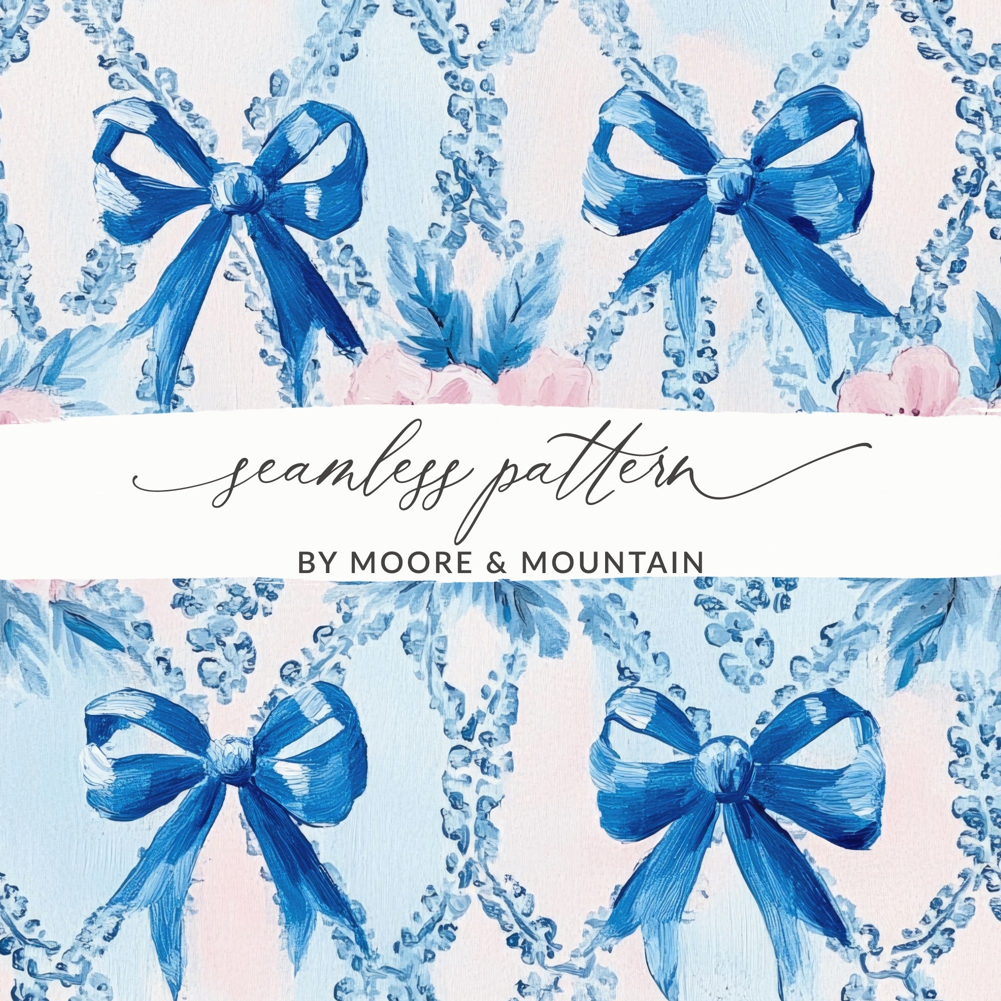 Seamless Grandmillenial Bows and Flowers Blue Digital