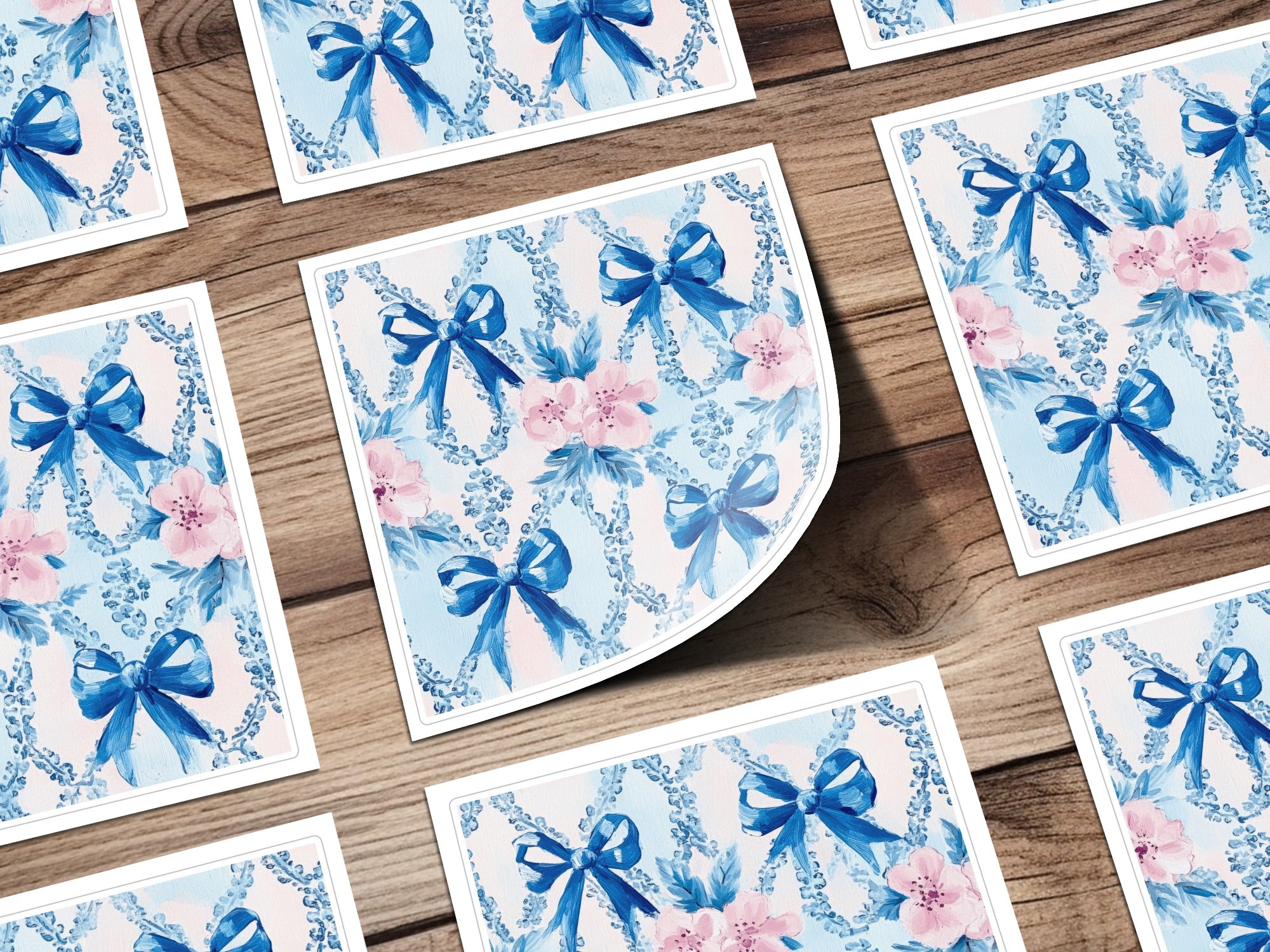 Seamless Grandmillenial Bows and Flowers Blue Digital