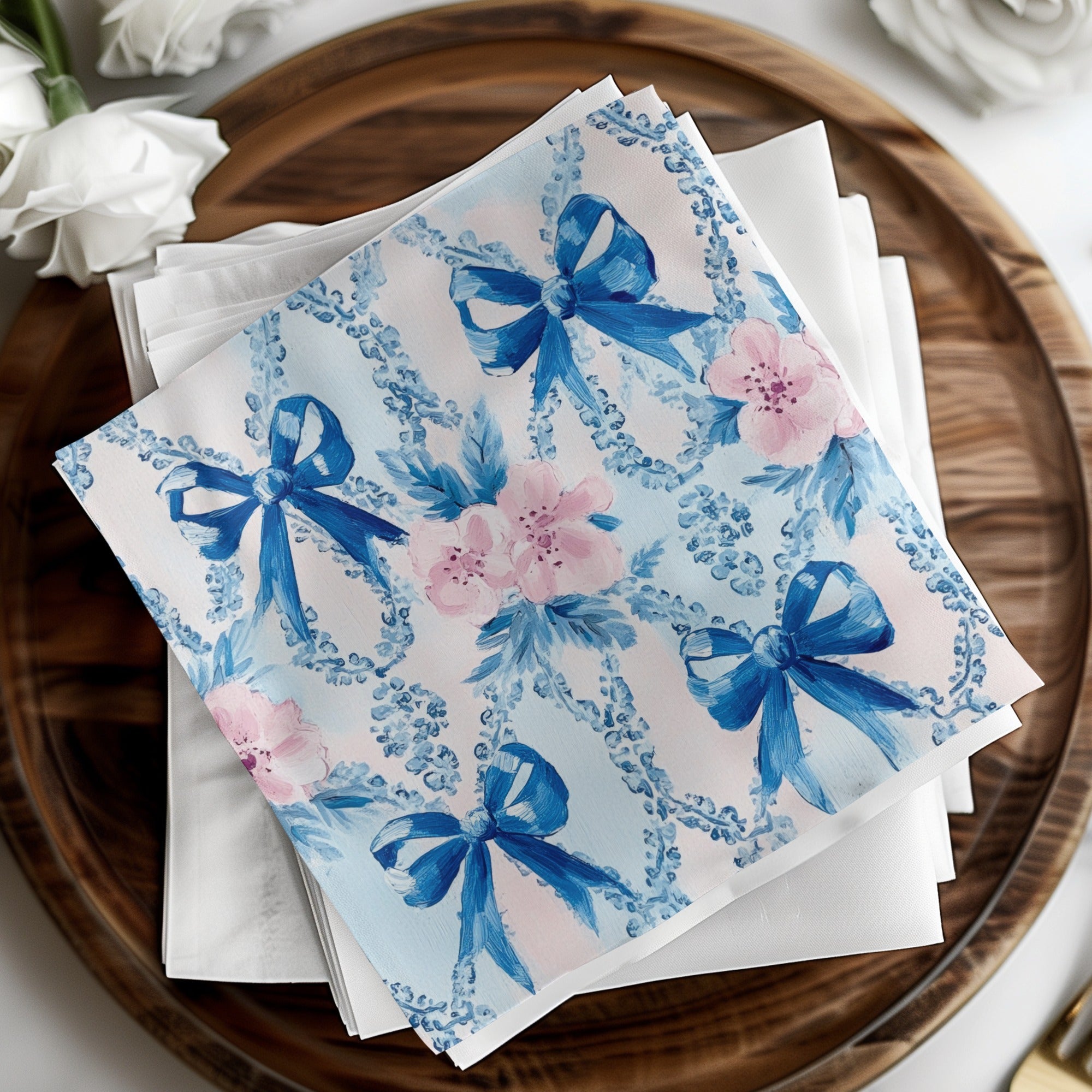 Seamless Grandmillenial Bows and Flowers Blue Digital