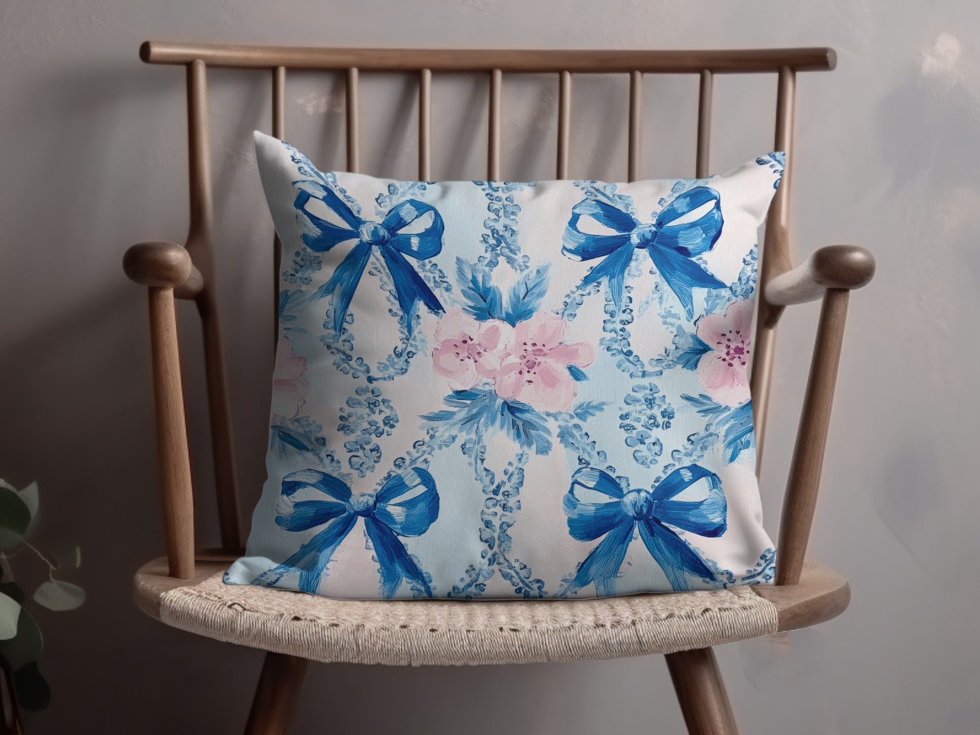 Seamless Grandmillenial Bows and Flowers Blue Digital