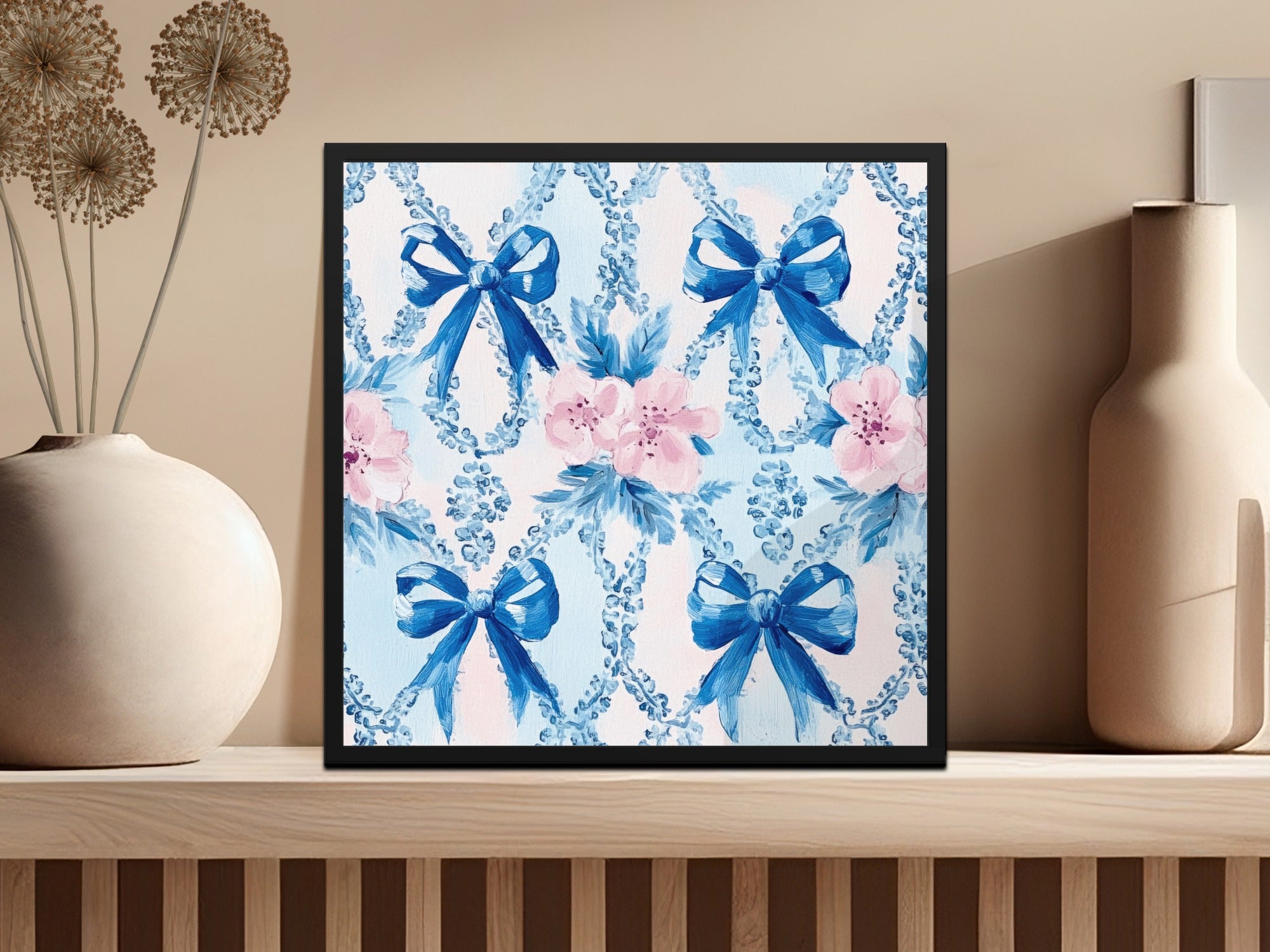 Seamless Grandmillenial Bows and Flowers Blue Digital