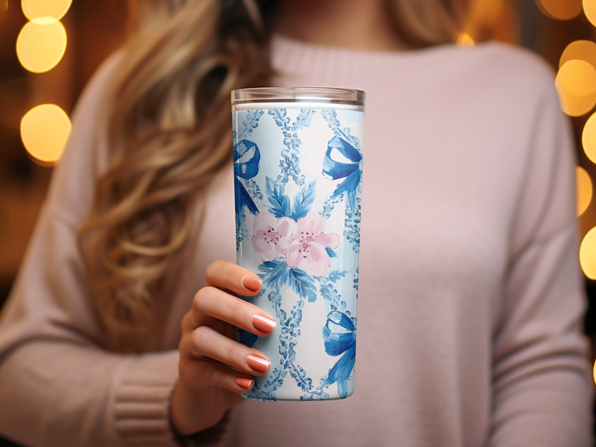 Seamless Grandmillenial Bows and Flowers Blue Digital