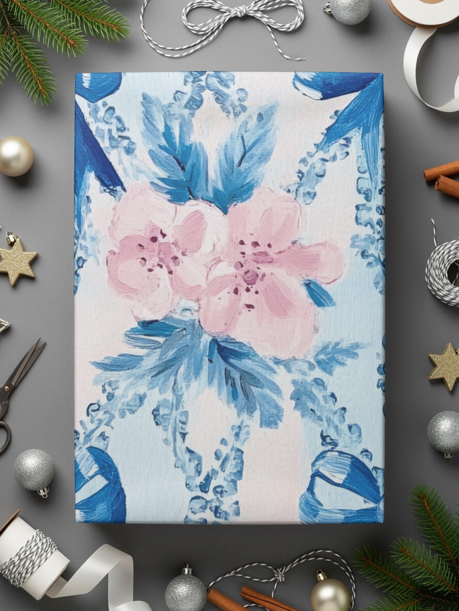 Seamless Grandmillenial Bows and Flowers Blue Digital