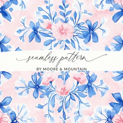 Seamless Grandmillenial Floral Design with Blue Flowers Digital
