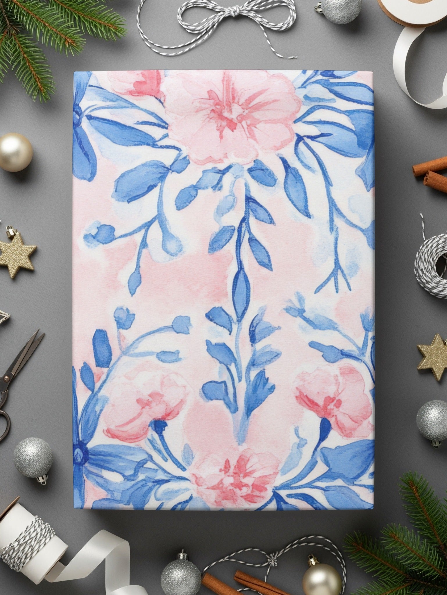 Seamless Grandmillenial Floral Design with Blue Flowers Digital