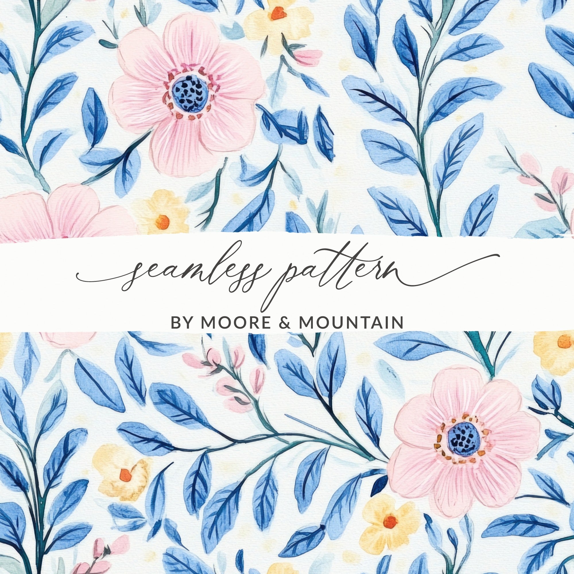 Seamless Grandmillenial Pink Flowers with Blue Leaves Digital