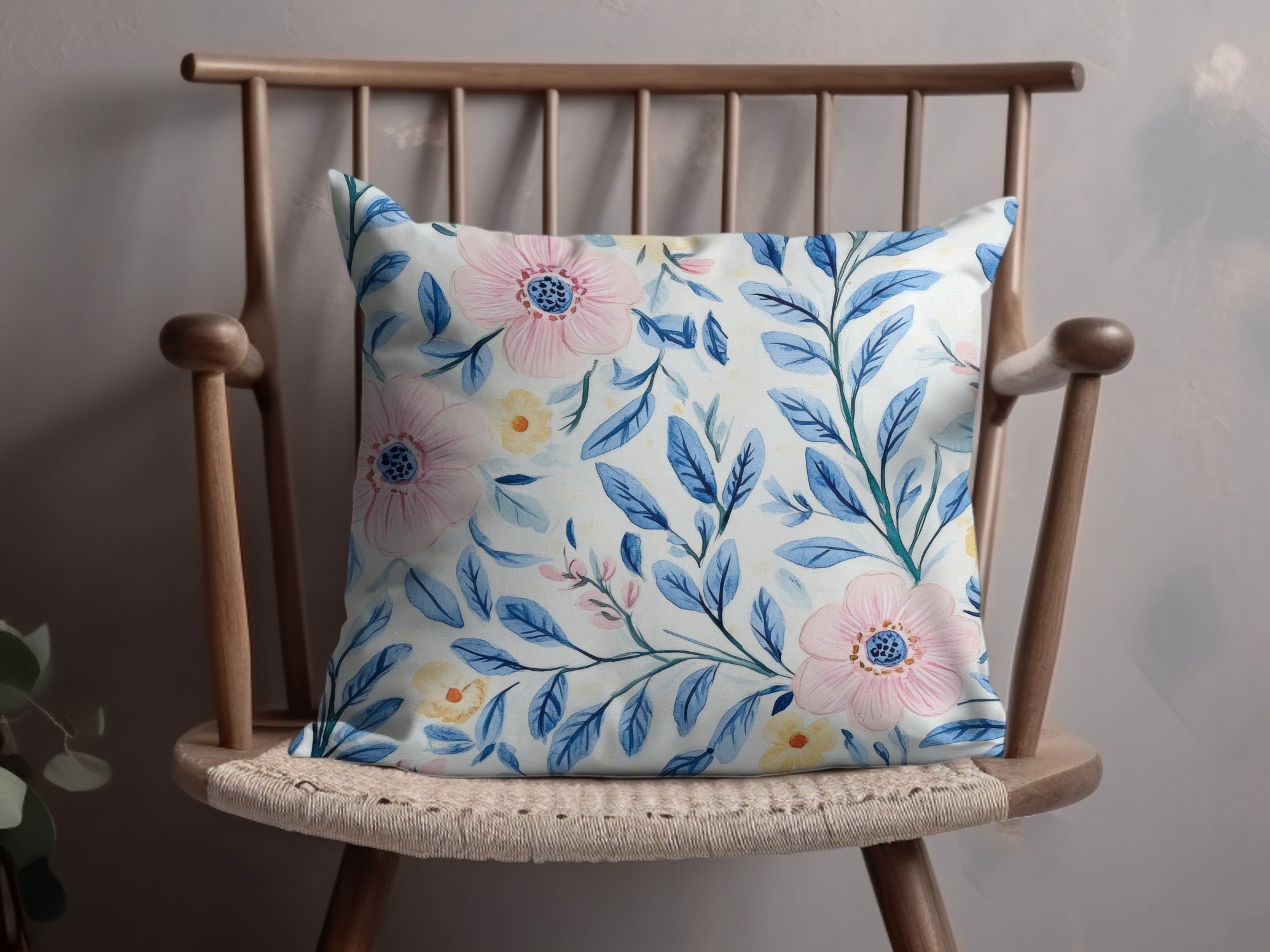 Seamless Grandmillenial Pink Flowers with Blue Leaves Digital