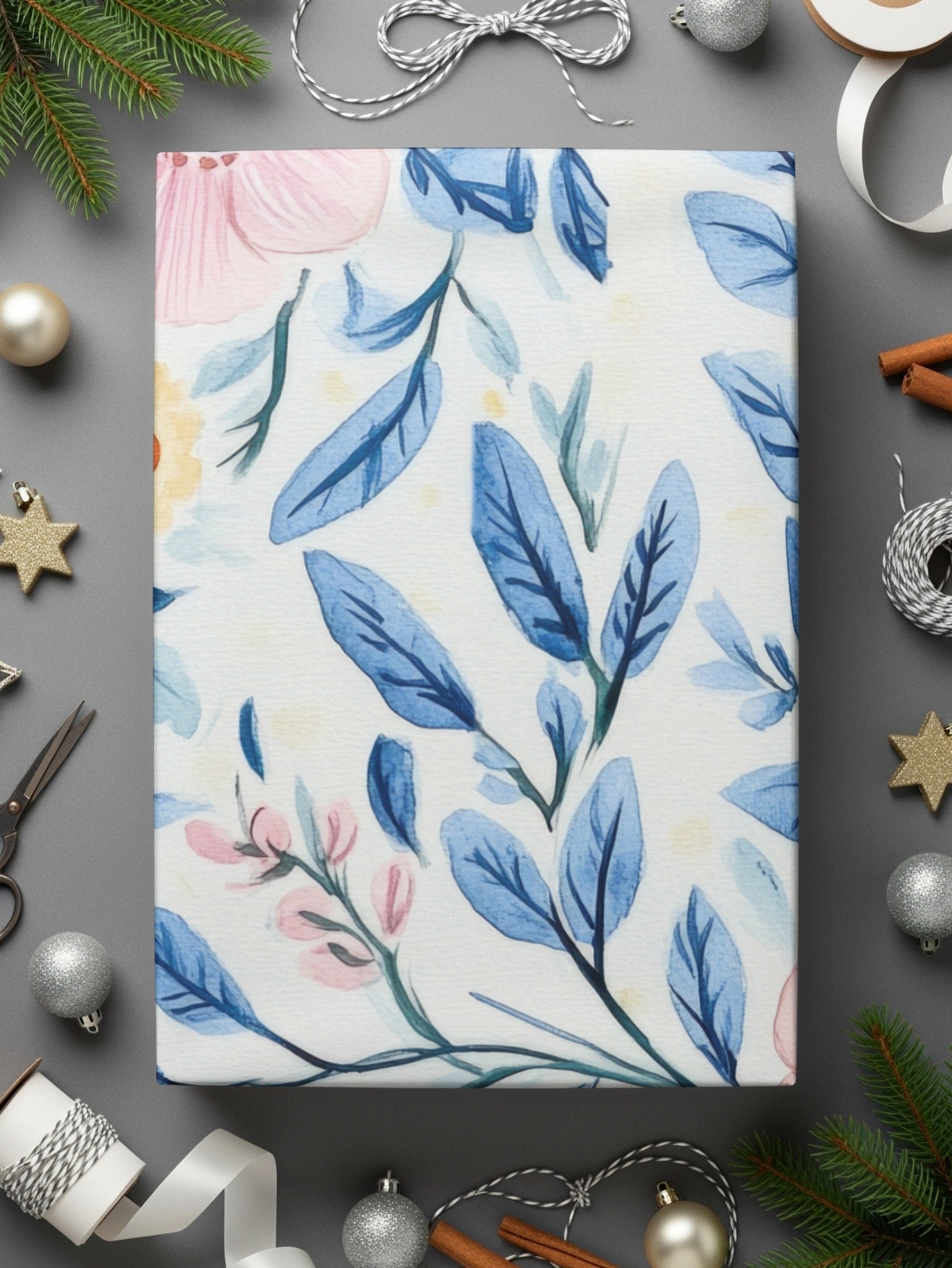 Seamless Grandmillenial Pink Flowers with Blue Leaves Digital