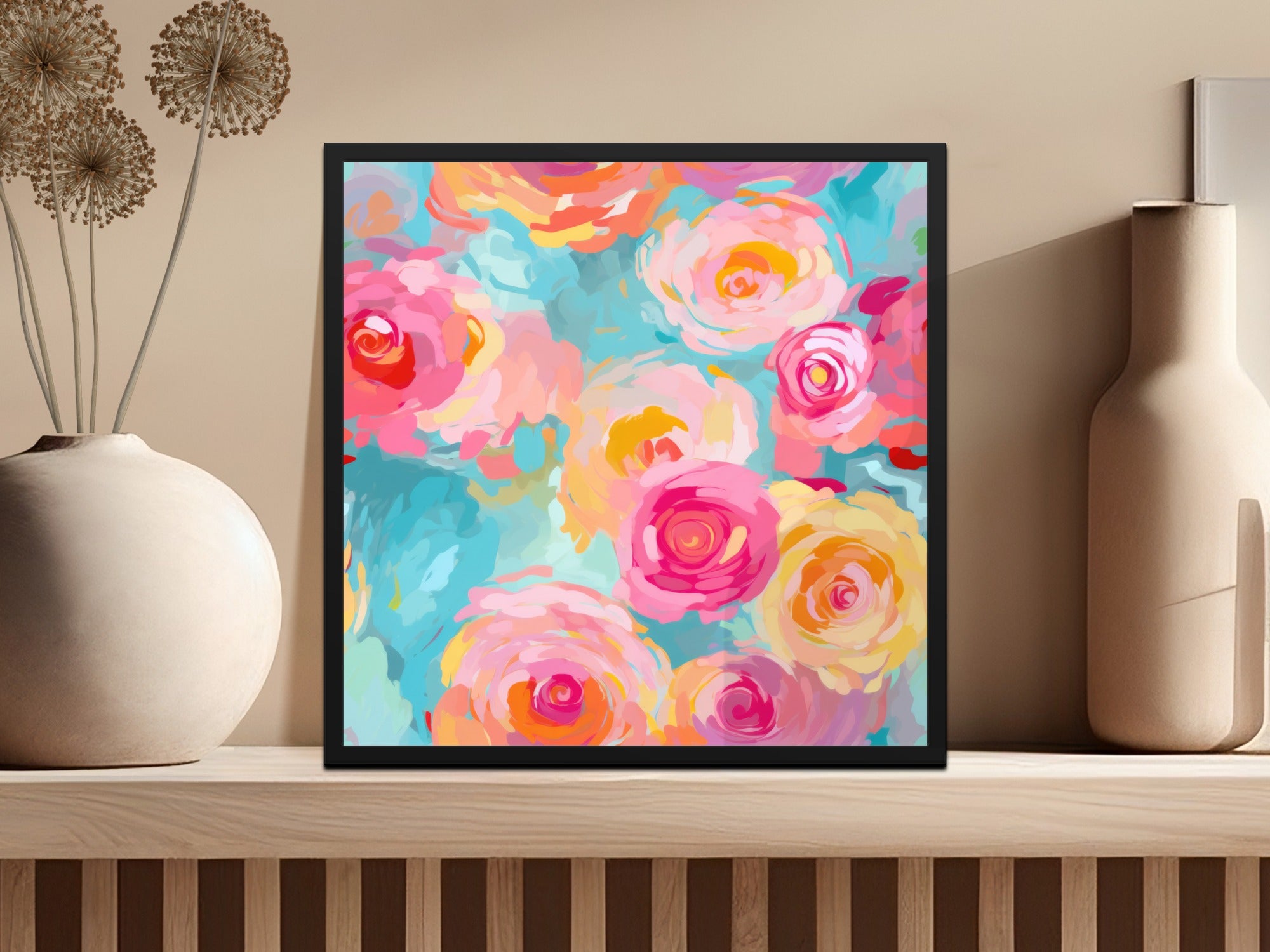 Seamless Impressionistic Floral Bright Pink and Light Blue