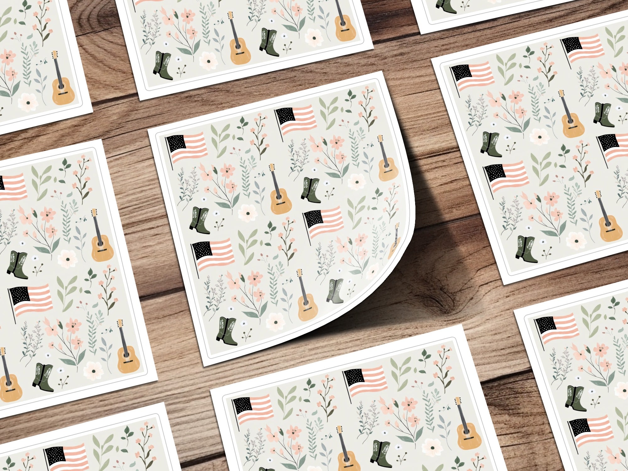 Seamless July 4th Digital Pattern, Texas, Nashville, Country Music, American Flag, Guitar, Digital Paper, Fabric Design, Floral Pattern