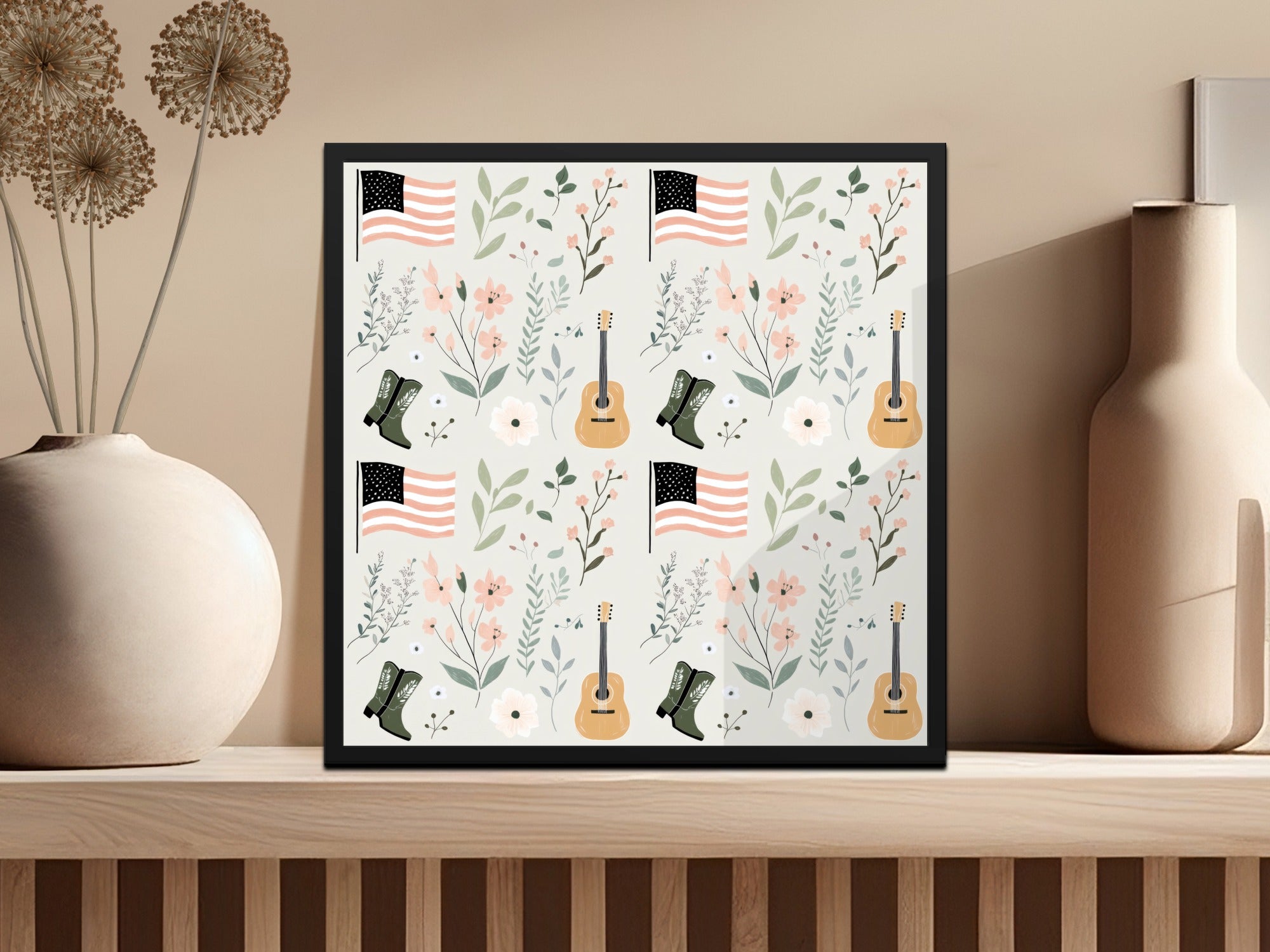 Seamless July 4th Digital Pattern, Texas, Nashville, Country Music, American Flag, Guitar, Digital Paper, Fabric Design, Floral Pattern