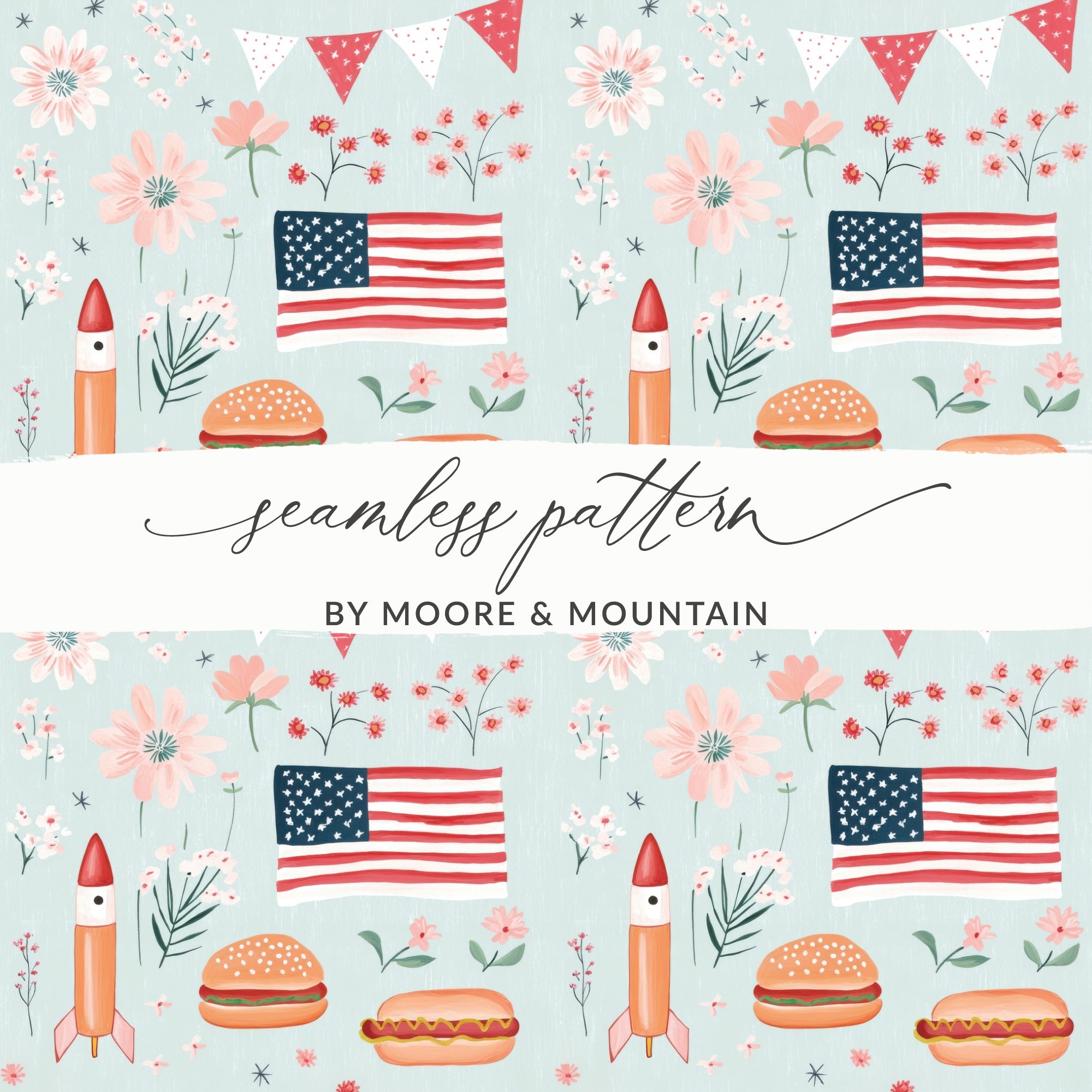 Seamless July 4th Pattern, Digital Patriotic Design, American Flag, Rocket, Hotdog and Burger Print, Festive Background, 4th of July